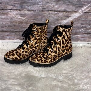 Gianni Bono Leopard Print Combat Boots With Gold Chain Detail